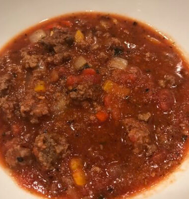 A bowl full of paleo elk chili.