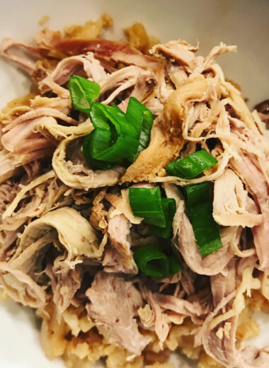 A bowl with shedded pork and green onions in it.
