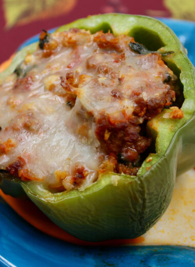 A Green pepper stuffed with meat and sauce and cheese sitting on an owl plate.