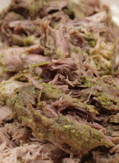 A plate with shredded pork and green sauce on it.
